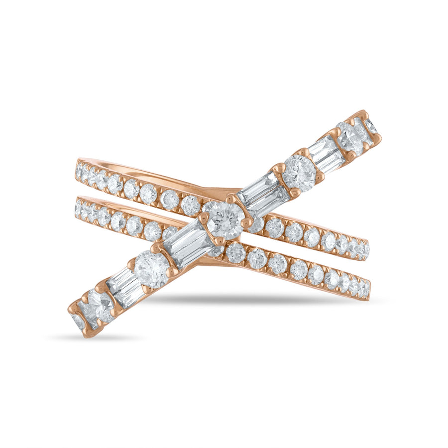 Pave and baguette diamond crossover ring