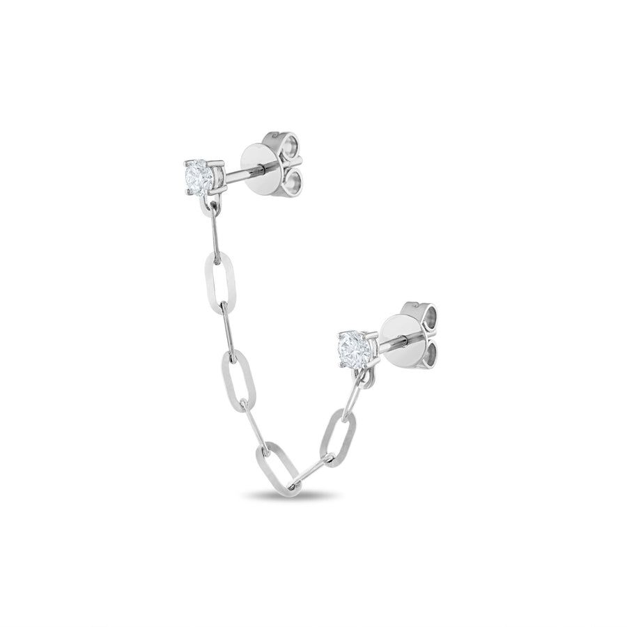 Round Diamond Stud Paperclip Chain Earring in White Gold