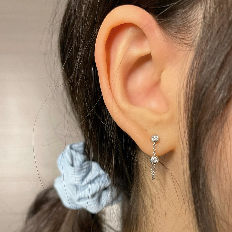 Bezel Diamond Chain Earrings on Ear