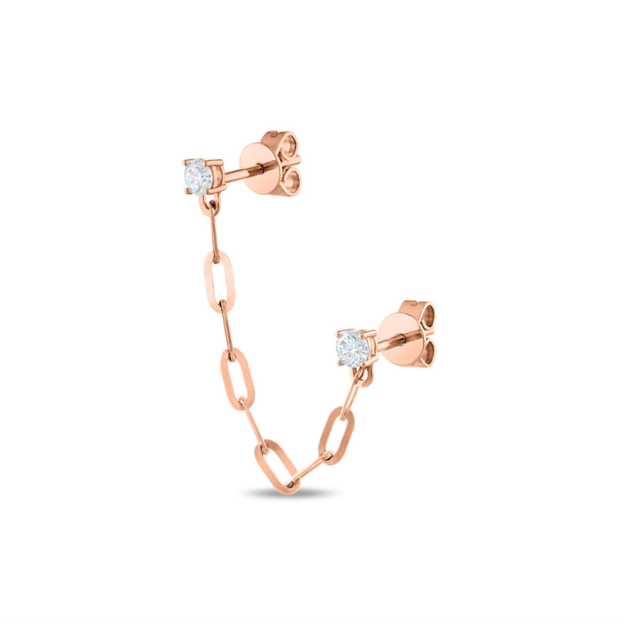 Round Diamond Stud Paperclip Chain Earring in Rose Gold