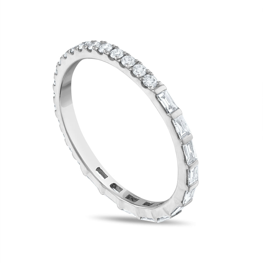 Baguette + Pave Diamond Stackable Ring in White Gold Side View