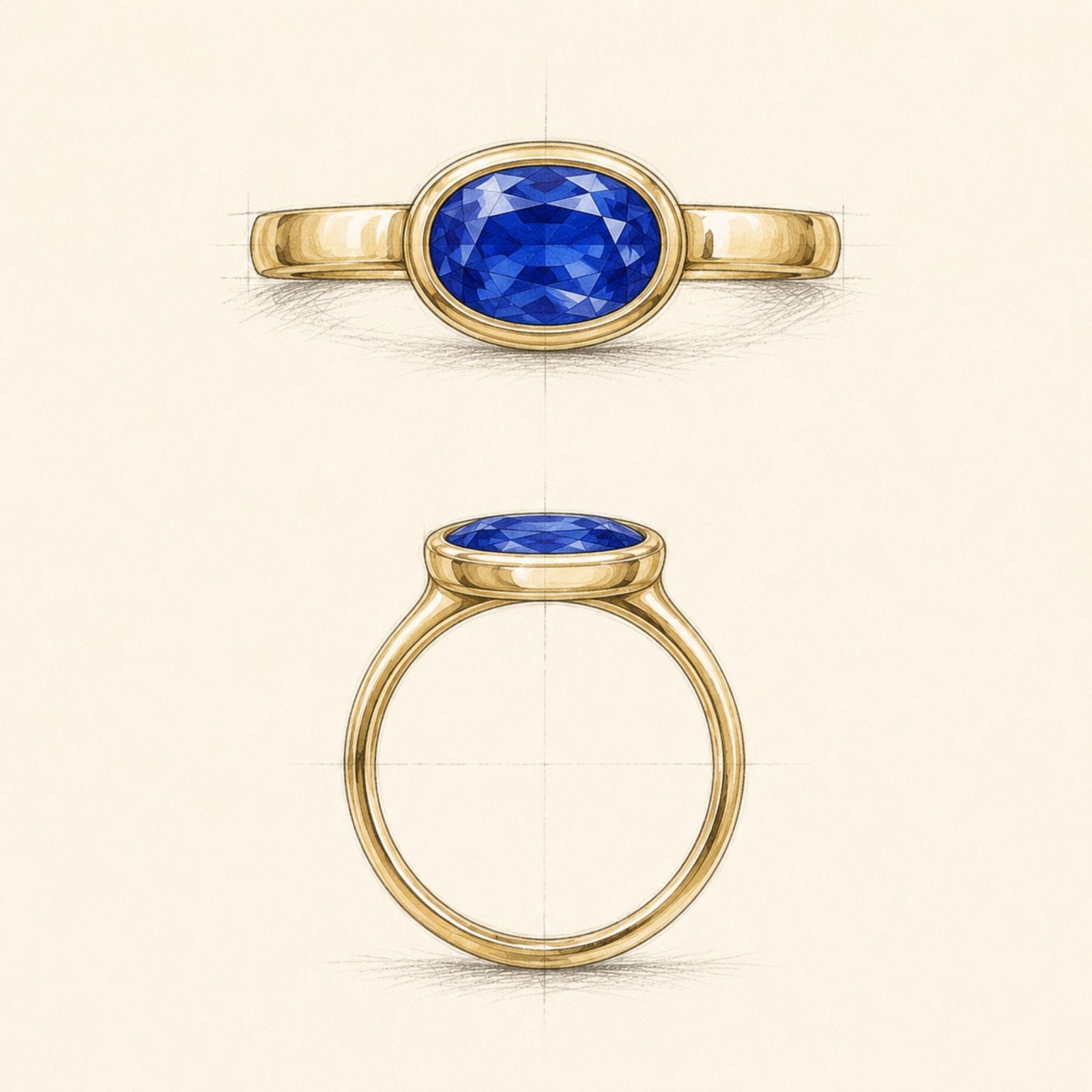 The Blueprint — hand-drawn watercolor design sketch of an oval sapphire ring set in yellow gold