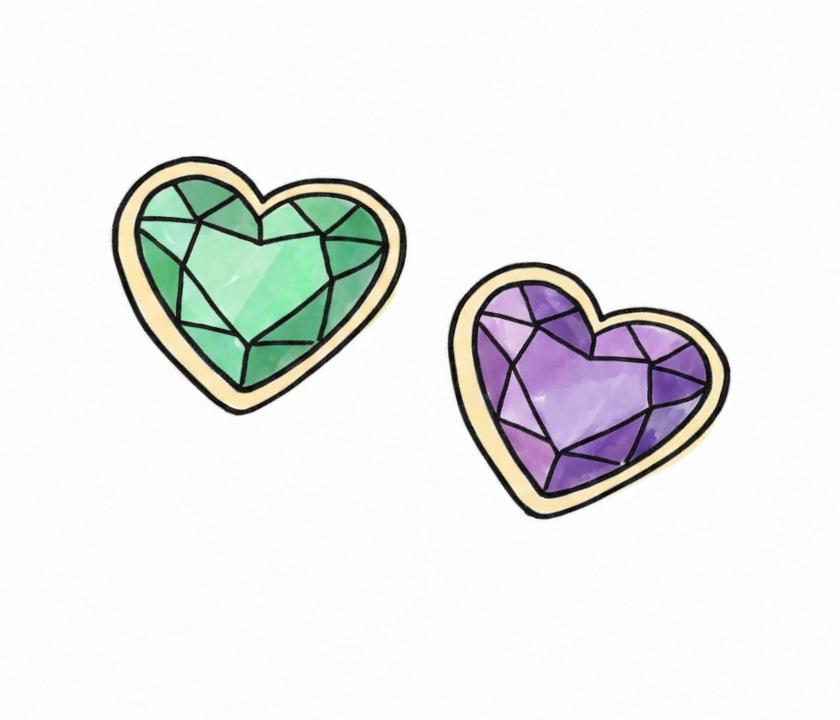 Sketch of a green heart-shaped gemstone and a purple heart-shaped gemstone