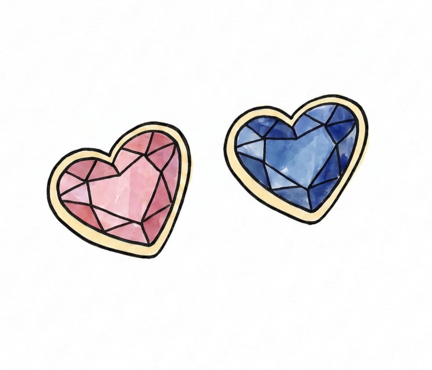 Sketch of a pink heart-shaped gemstone and a blue heart-shaped gemstone