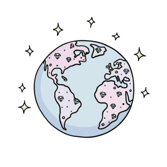 Illustrated globe set with diamonds and surrounded by sparkles
