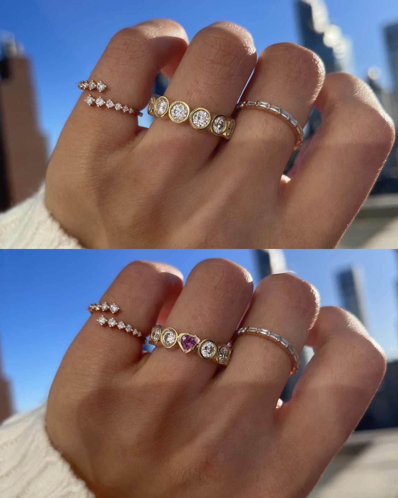A hand wearing the Hidden Gem ring stacked with other bands, revealing the hidden pink sapphire heart.