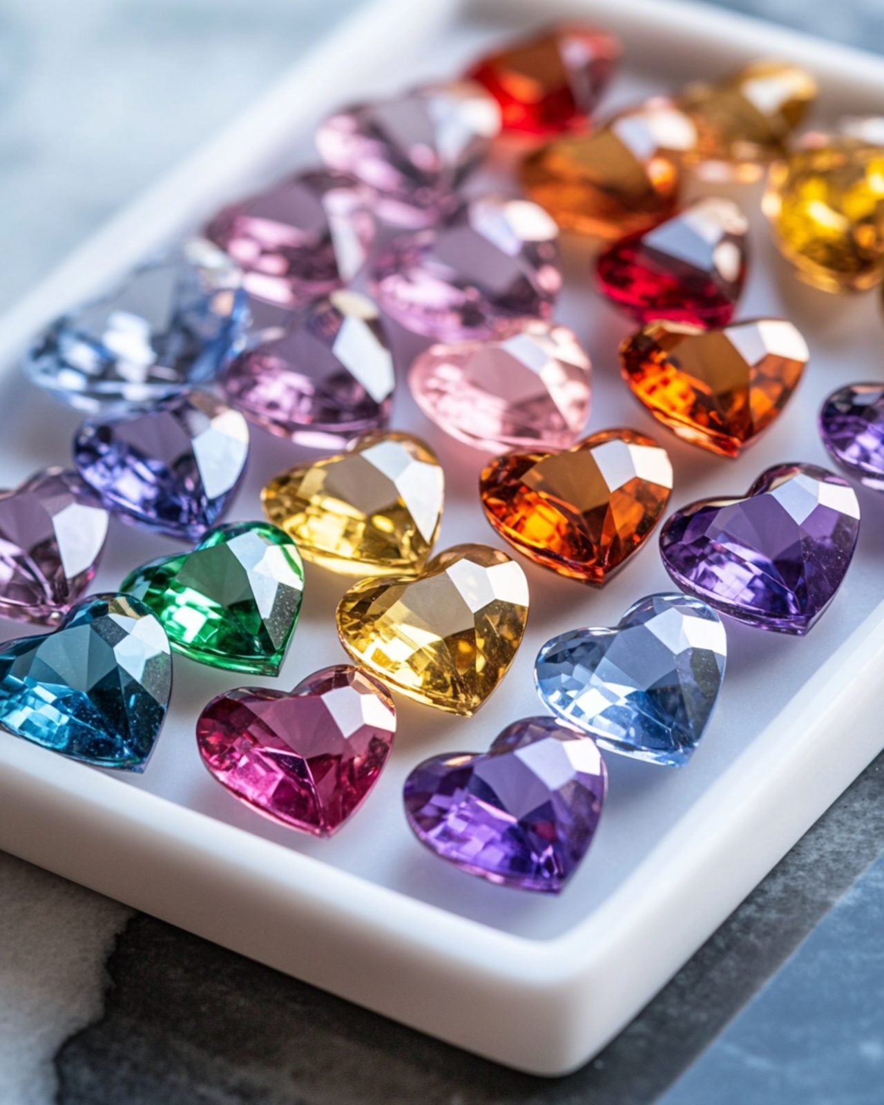 A tray of heart-shaped gemstones in a spectrum of colors arranged on a white ceramic dish.